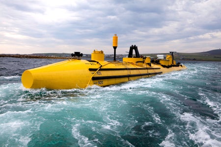 Yellow Tidal Turbine floating in water