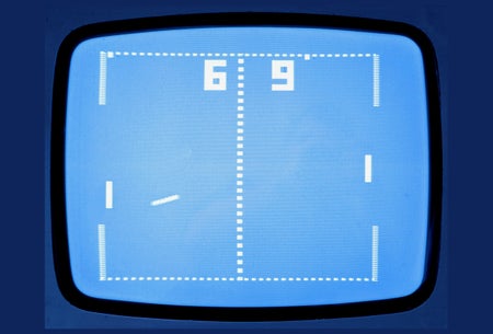 Blue Pong Game on vintage TV screen.