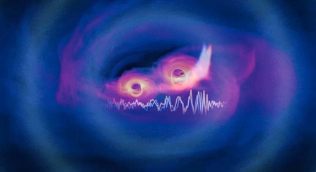 A visualization of two supermassive black holes merging with an overlay of a line graph