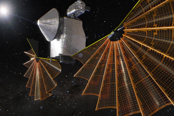 Small silver spacecraft deploying solar arrays