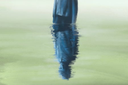 lonely person reflected in water that they are standing in, at about hip depth