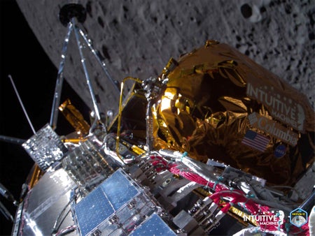 IM-1 Lunar Lander in Lunar Orbit Odysseus passes over the near side of the Moon following lunar orbit insertion on February 21, 2024.