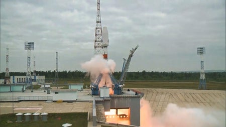 This video screenshot shows the Soyuz-2.1b rocket carrying the Luna-25 lunar station blasting off from the Vostochny Cosmodrome in the Amur Oblast of Russia's Far East