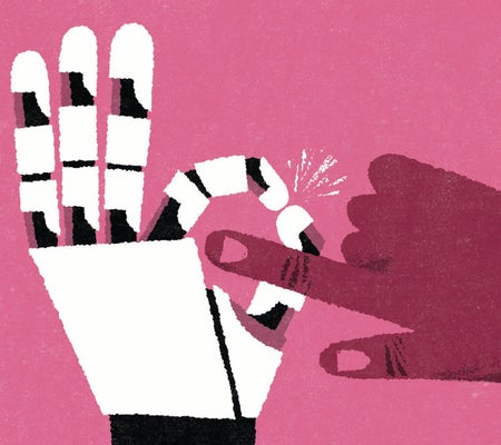 Illustration of a robot hand and a human hand in front of a pink background.