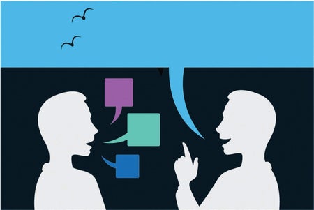 Illustration of two people speaking with dialogue boxes near their mouths.