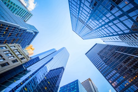 Up view of skyskrapers in financial district