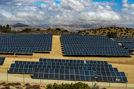 Landscape photographed in California with a solar farm in the foreground. Mountains with wind turbines stretch into the distance in the background