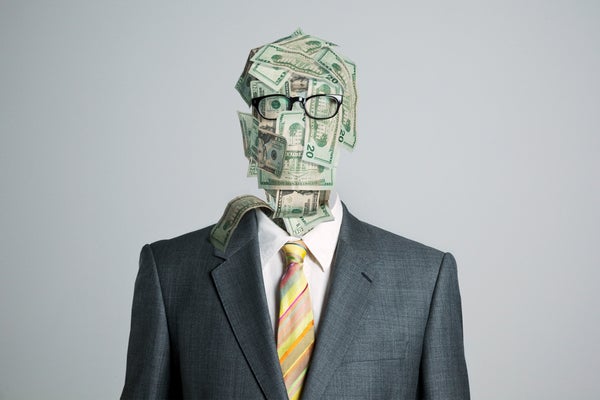 Photo composite illustration, man made of money wearing glasses and a business suit on a gray background