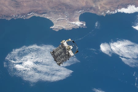 A pallet of batteries discarded in low-Earth orbit from the International Space Station