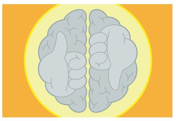 Illustration of two parts of a brain, with a thumbs up on one side and a thumbs down on the other side