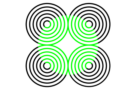 An example of the neon color spreading illusion. Here, four black circles are besides each other in a square shape. Each circle contains a series of progressively smaller circles within it. In the center there appears to be a patch of green in the shape of a circle. The background of the whole image is white.